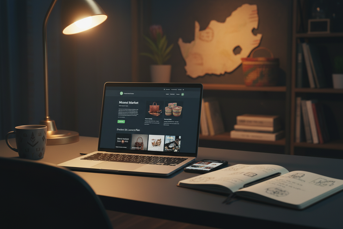 Laptop displaying a Shopify online store on a dark desk, representing building your first ecommerce store in South Africa