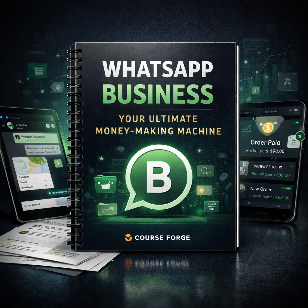WhatsApp Business Your Ultimate Money-Making Machine digital business guide by Course Forge shown as a premium ecommerce product mockup